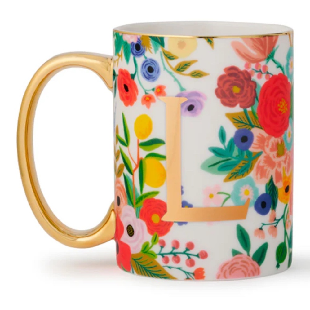 Rifle Paper Co for Anthropologie Floral Mug | Gold Monogram 16 oz ~ New
